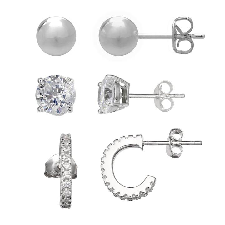Primrose Sterling Silver Cubic Zirconia Stud & Hoop Earring Set, Women's, White