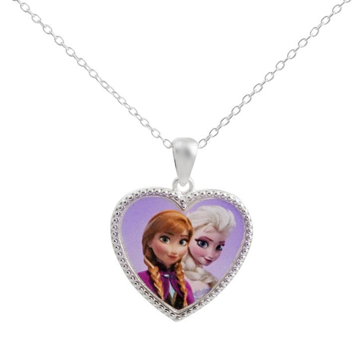 Disney's Frozen Silver Tone Anna And Elsa Heart Pendant Necklace, Grey
