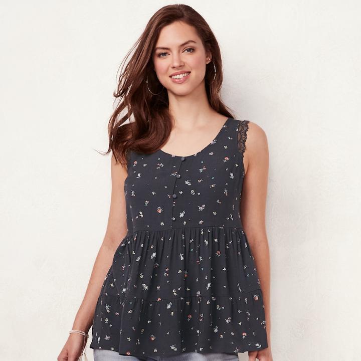 Women's Lc Lauren Conrad Lace-trim Babydoll Tank, Size: Medium, Dark Grey