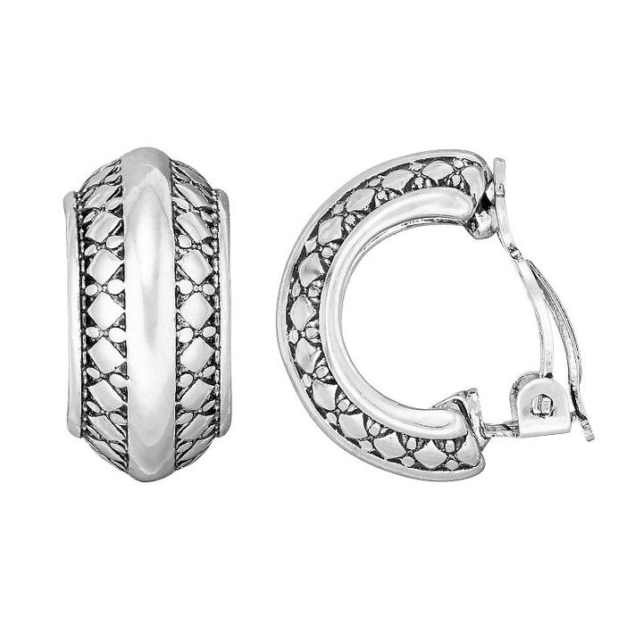 Dana Buchman Geometric Textured Nickel Free Clip On Hoop Earrings, Women's, Silver