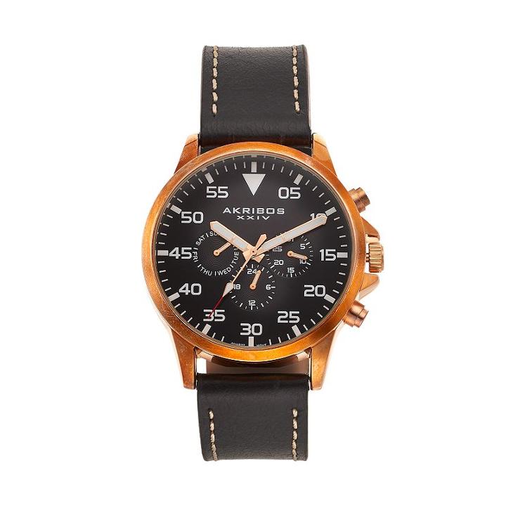 Akribos Xxiv Men's Leather Swiss Watch, Black