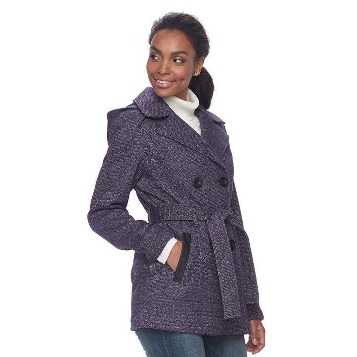 Women's D.e.t.a.i.l.s Double Breasted Faux-leather Trim Fleece Jacket, Size: Large, Purple