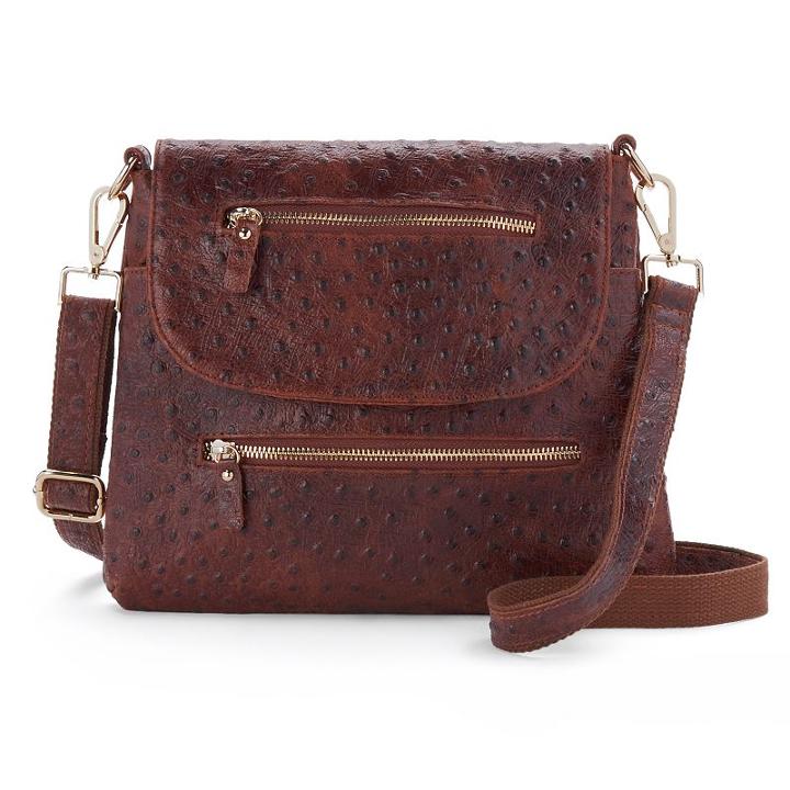 Amerileather Ostrich Embossed Leather Mini Crossbody Bag, Women's, Brown