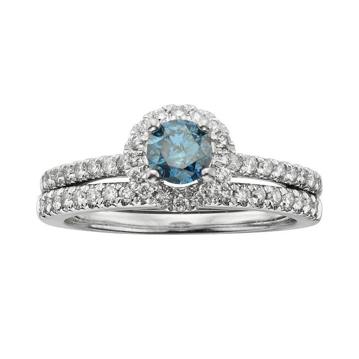 Round-cut Igl Certified Blue And White Diamond Frame Engagement Ring Set In 14k White Gold (1 Ct. T.w.), Women's, Size: 8