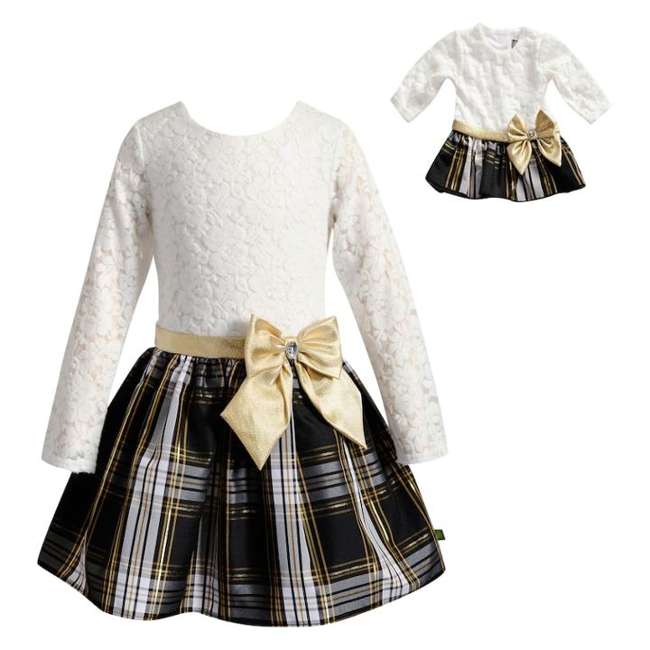 Girls 4-14 Dollie & Me Lace & Plaid Dress Set, Size: 10, Ivory And Gold