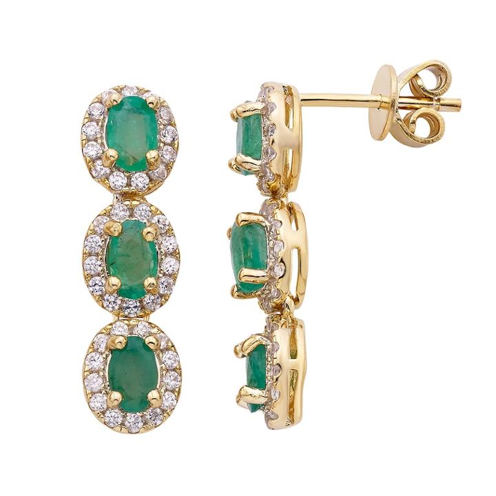 Emerald & 5/8 Carat T.w. Diamond 14k Gold Oval Halo 3-stone Drop Earrings, Women's, Green