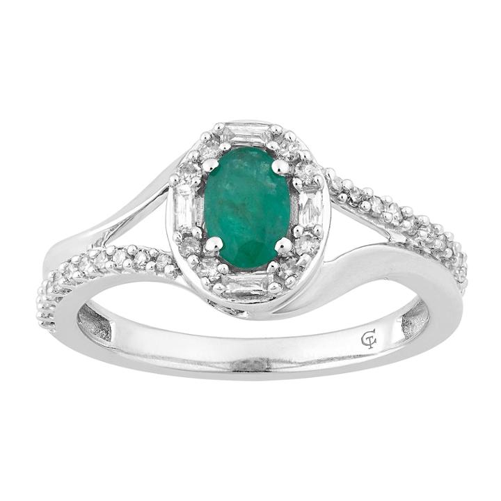 10k White Gold Emerald & 1/4 Carat T.w. Diamond Oval Halo Ring, Women's, Size: 7, Green