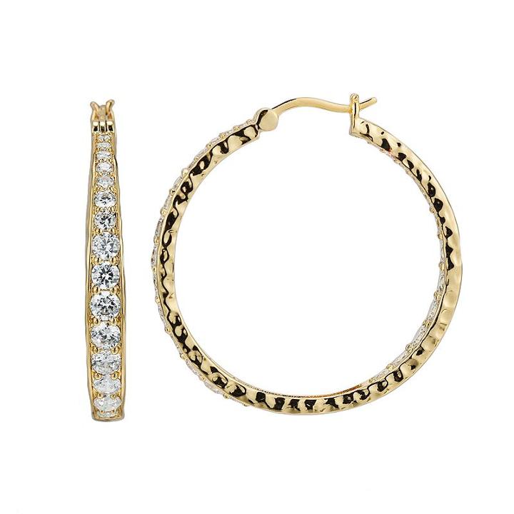18k Gold Over Silver-plated Cubic Zirconia Hammered Hoop Earrings, Women's, White
