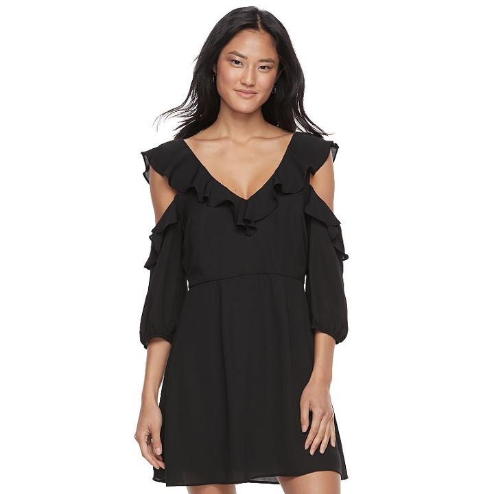 Juniors' Trixxi Ruffle Cold Shoulder Skater Dress, Teens, Size: Large, Black