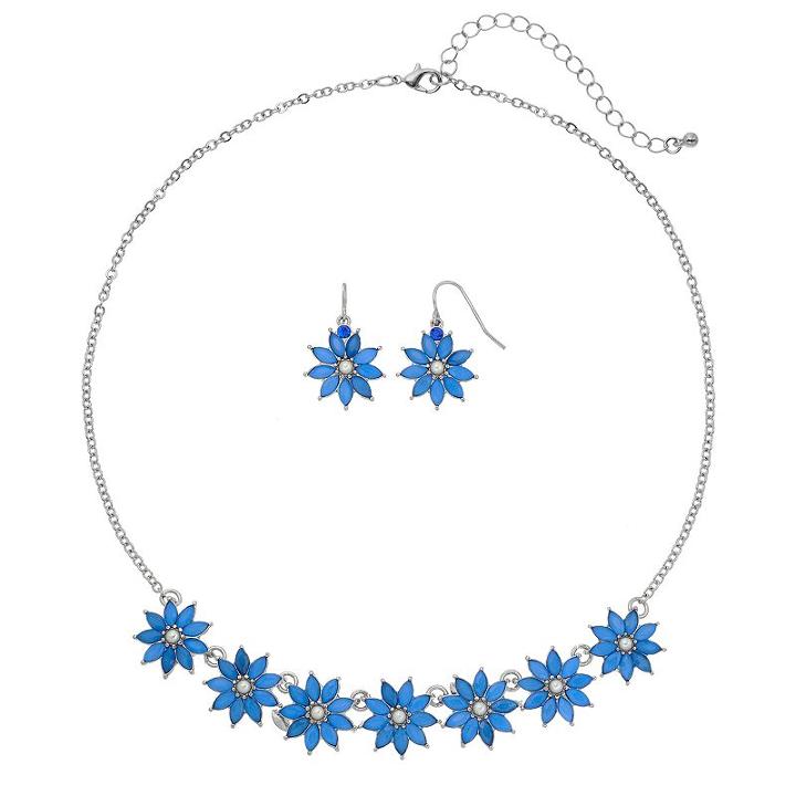 Blue Flower Necklace & Drop Earring Set, Women's, Navy