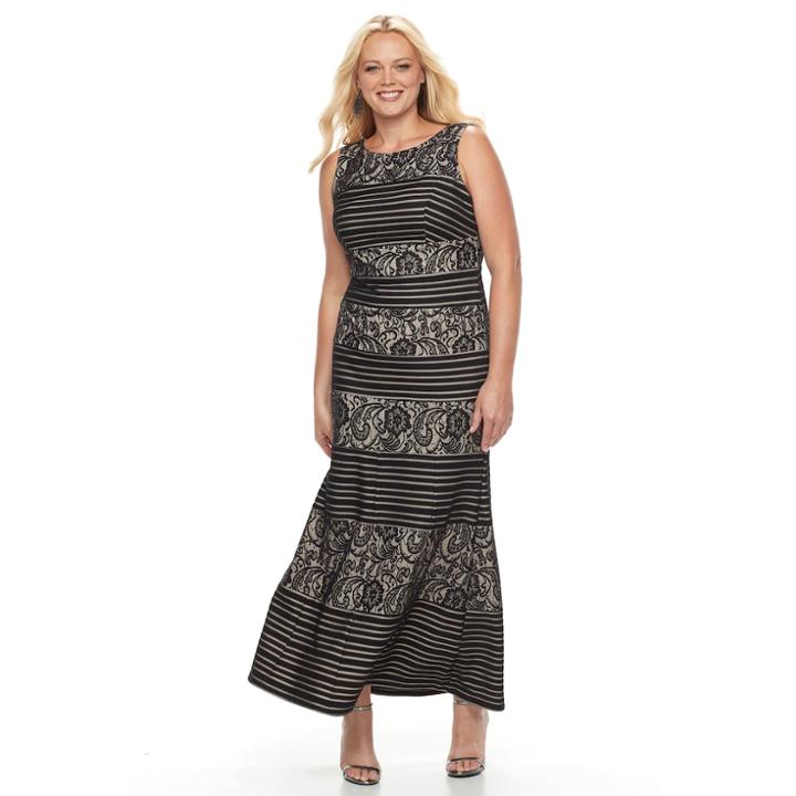 Plus Size Chaya Striped Lace Evening Gown, Women's, Size: 16 W, Grey (charcoal)