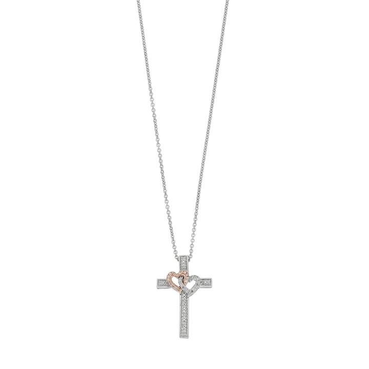 Two Tone Sterling Silver 1/10 Carat T.w. Diamond Interlocking Heart & Cross Pendant, Women's, Size: 18, White