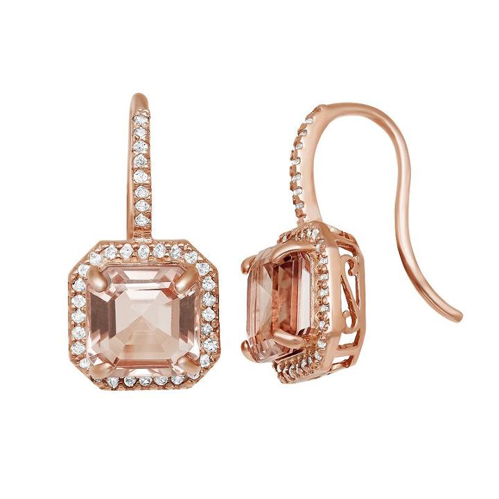14k Rose Gold Over Silver Simulated Morganite And Lab-created White Sapphire Octagonal Halo Drop Earrings, Women's, Pink