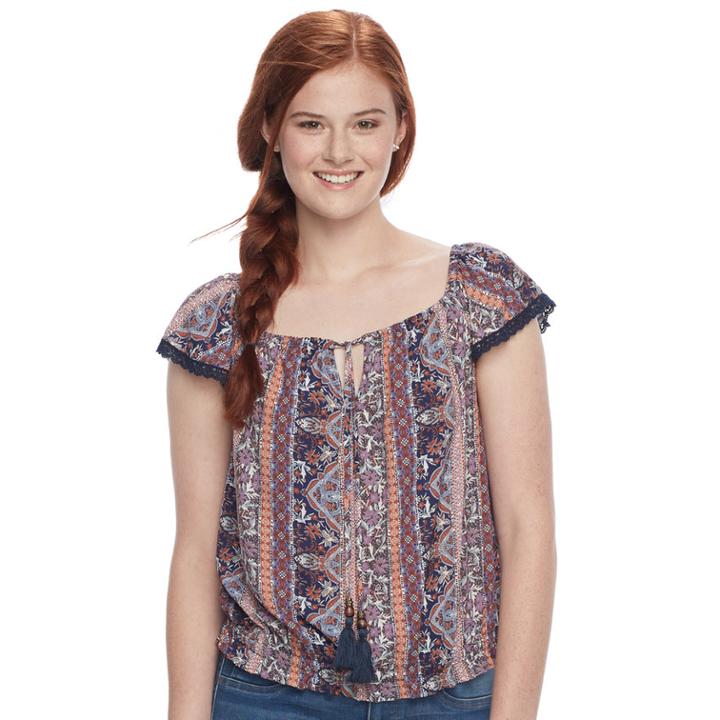 Juniors' Rewind Print Banded Hem Top, Teens, Size: Medium, Drk Purple