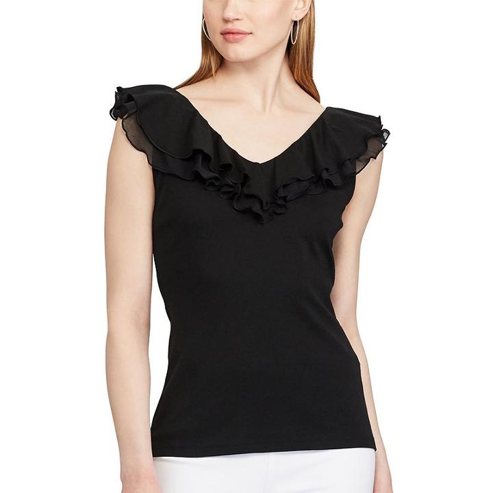 Women's Chaps Ruffled V-neck Top, Size: Medium, Black