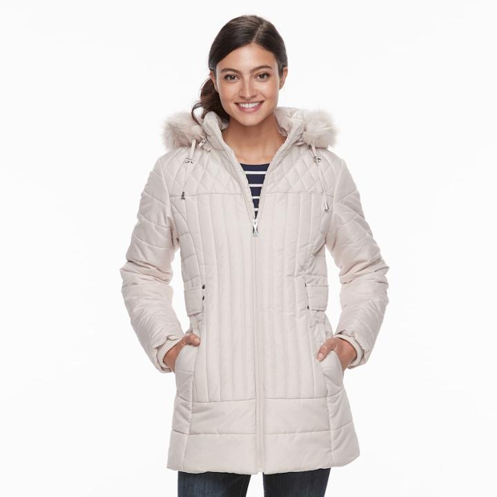Women's D.e.t.a.i.l.s Hooded Faux-fur Trim Quilted Jacket, Size: Large, Med Beige