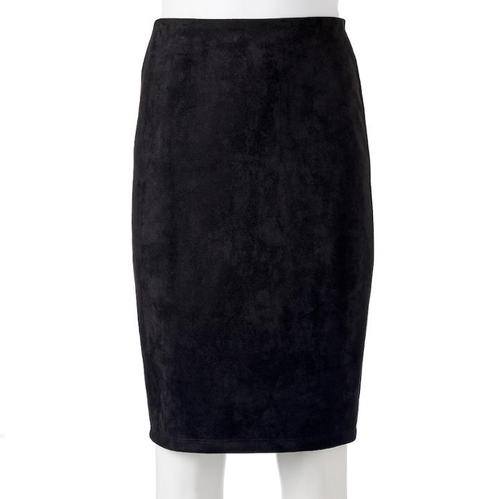Women's Double Click Faux-suede Midi Skirt, Size: Xl, Black