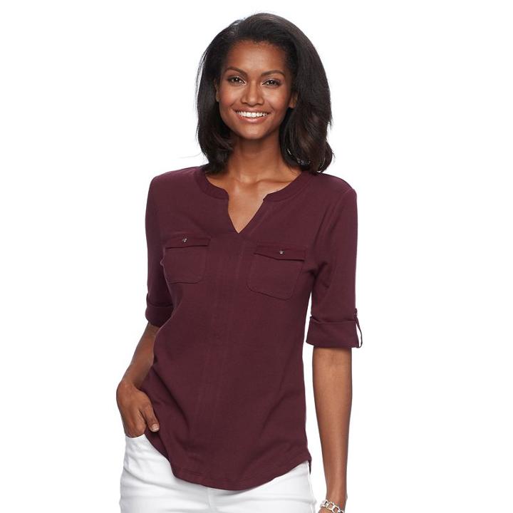 Women's Croft & Barrow&reg; Pocket Roll-tab Tee, Size: Medium, Red