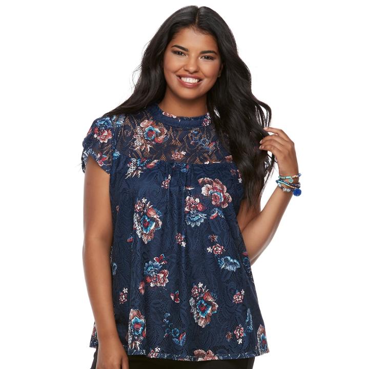 Junior's Plus Size Heart & Soul Floral Illusion Lace Top, Teens, Size: 2xl, Dark Blue