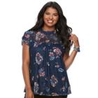 Junior's Plus Size Heart & Soul Floral Illusion Lace Top, Teens, Size: 2xl, Dark Blue