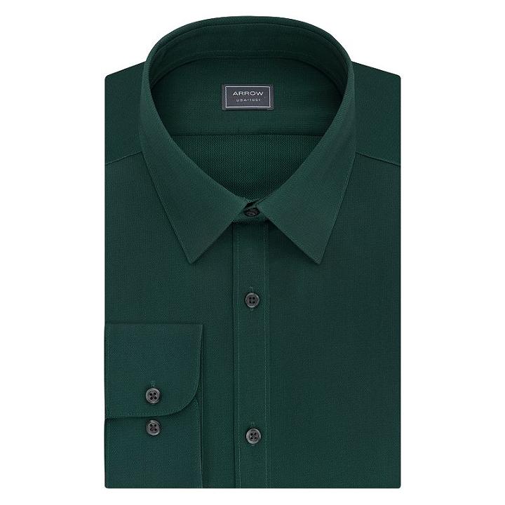 Men's Arrow Stretch Slim-fit Solid Point-collar Dress Shirt, Size: M-32/33, Dark Green