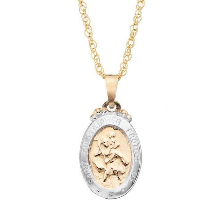 14k Gold Two Tone St. Christopher Medal Pendant Necklace - Kids, Girl's, Size: 15
