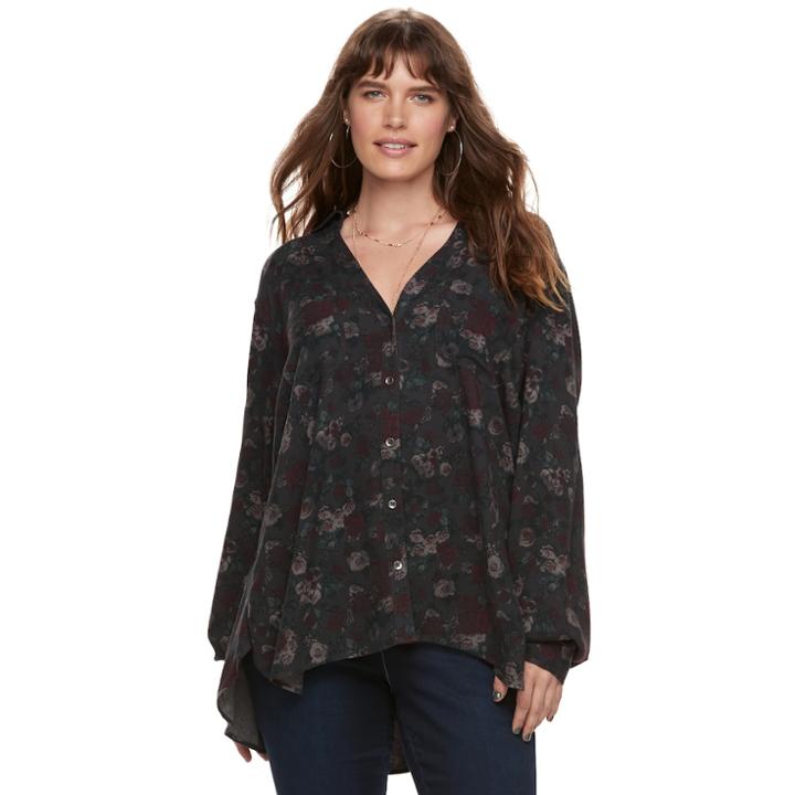 Plus Size Rock & Republic&reg; Floral High-low Shirt, Women's, Size: 3xl, Med Red