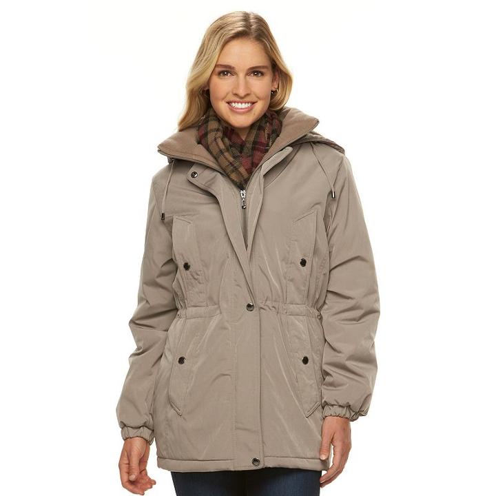 Women's Gallery Hooded Anorak Jacket & Scarf Set, Size: Medium, Beig/green (beig/khaki)