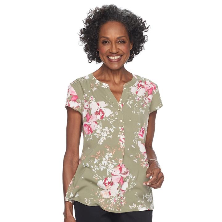 Women's Croft & Barrow&reg; Print Henley Top, Size: Medium, Med Green