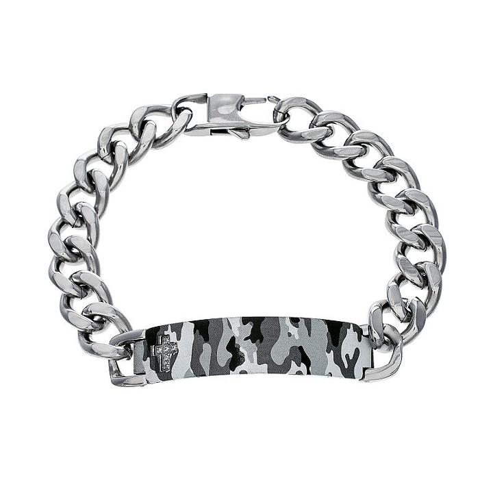 Cubic Zirconia Stainless Steel Camouflage Cross Id Bracelet - Men, Size: 8.5, Silver