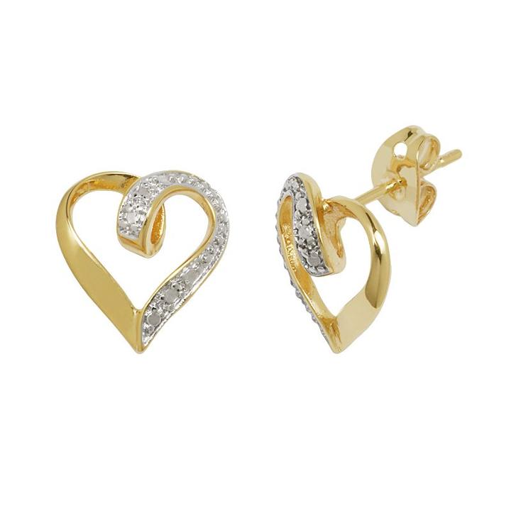 18k Gold Over Bronze And Silver-plated Diamond Accent Heart Stud Earrings, Women's, White