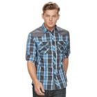 Men's Rock & Republic Shoulder-patch Plaid Button-down Shirt, Size: Large, Dark Blue