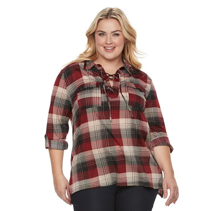 Plus Size French Laundry Lace-up Plaid Tunic, Women's, Size: 1xl, Purple Oth