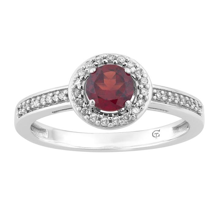 10k White Gold Garnet & 1/6 Carat T.w. Diamond Halo Ring, Women's, Size: 7, Red