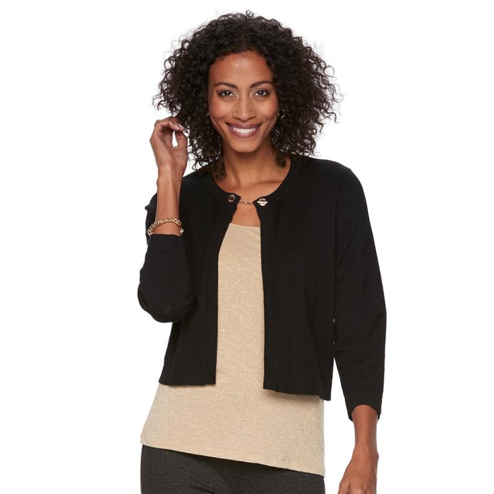 Women's Nina Leonard Eyelet-chain Open Front Bolero, Size: Medium, Black