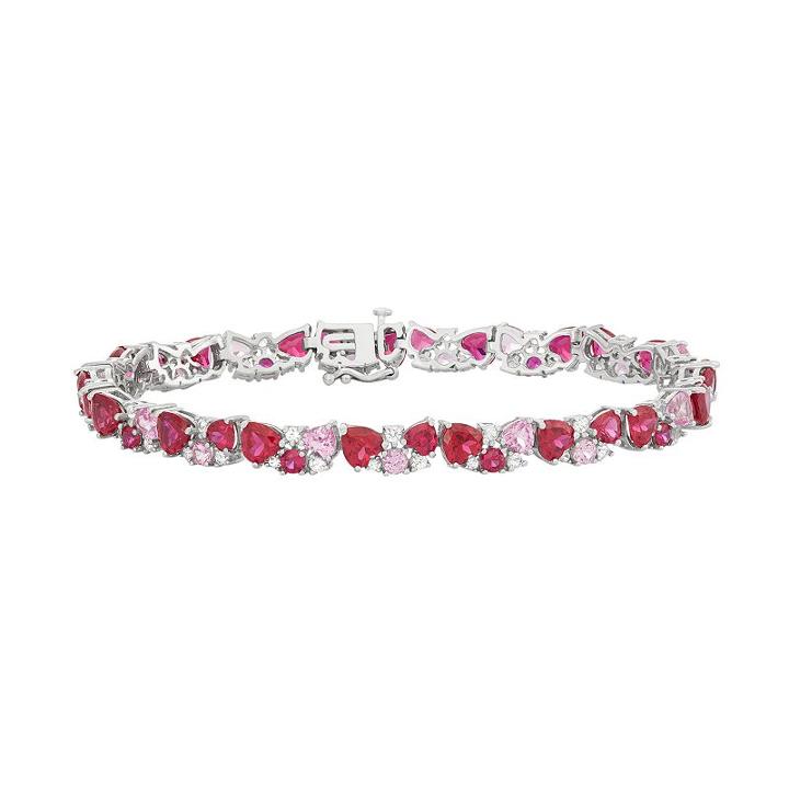 Sterling Silver Lab-created Gemstone Cluster Heart Bracelet, Women's, Red