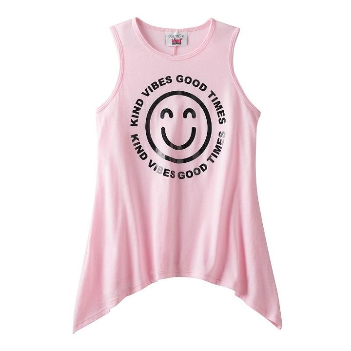 Girls 7-16 Pop Up X Kind Campaign Kind Vibes Good Times Smiley Face Sharkbite Hem Tank Top, Girl's, Size: Xl, Med Pink