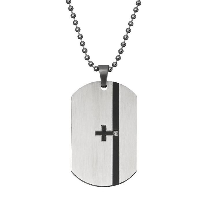 Diamond Accent Two Tone Stainless Steel Cross Dog Tag - Men, White