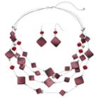 Red Square Multi Strand Illusion Necklace & Drop Earring Set, Women's