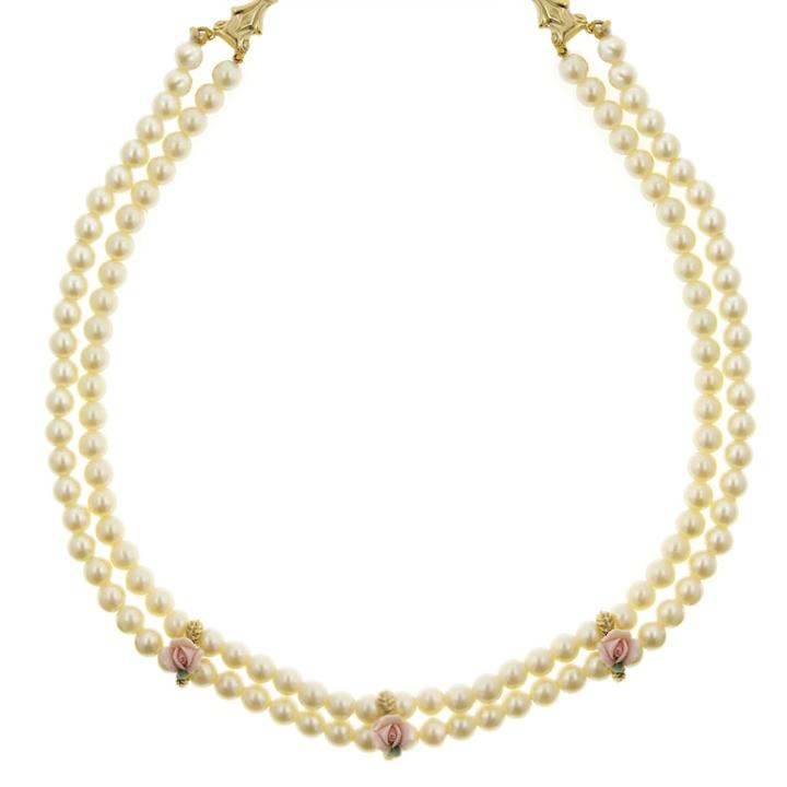 1928 Gold Tone Floral Simulated Pearl Multistrand Necklace, Women's, Yellow