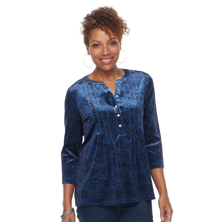 Petite Croft & Barrow&reg; Pleated Velvet Henley Top, Women's, Size: L Petite, Blue