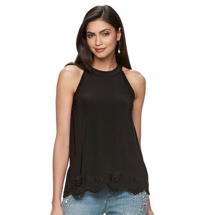 Petite Jennifer Lopez Embroidered-trim Top, Women's, Size: Xs Petite, Black