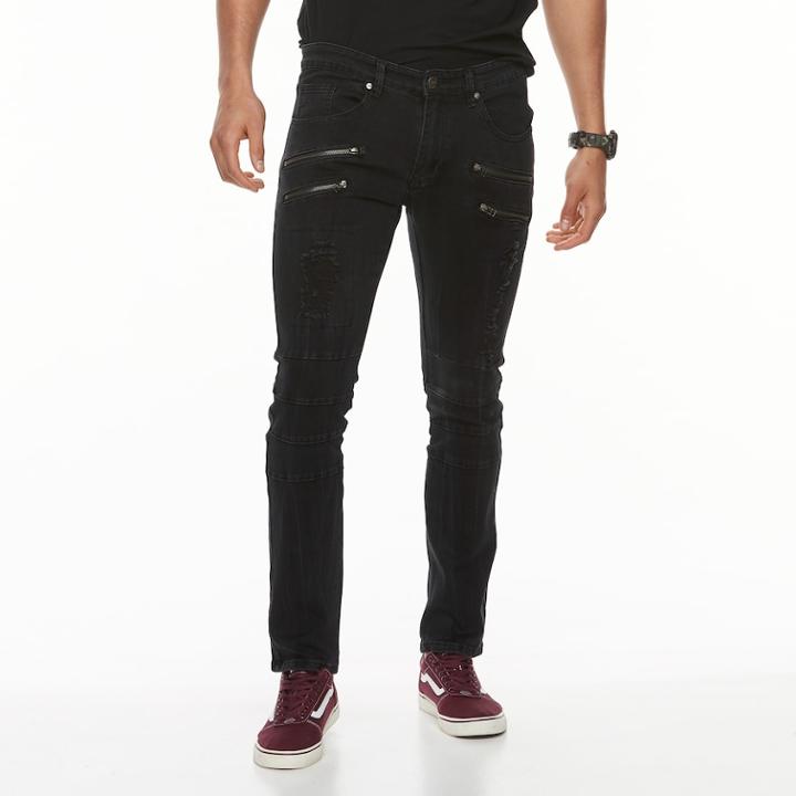 Men's Rawx Slim-fit Moto Washed Zippered Stretch Jeans, Size: 38x32, Black