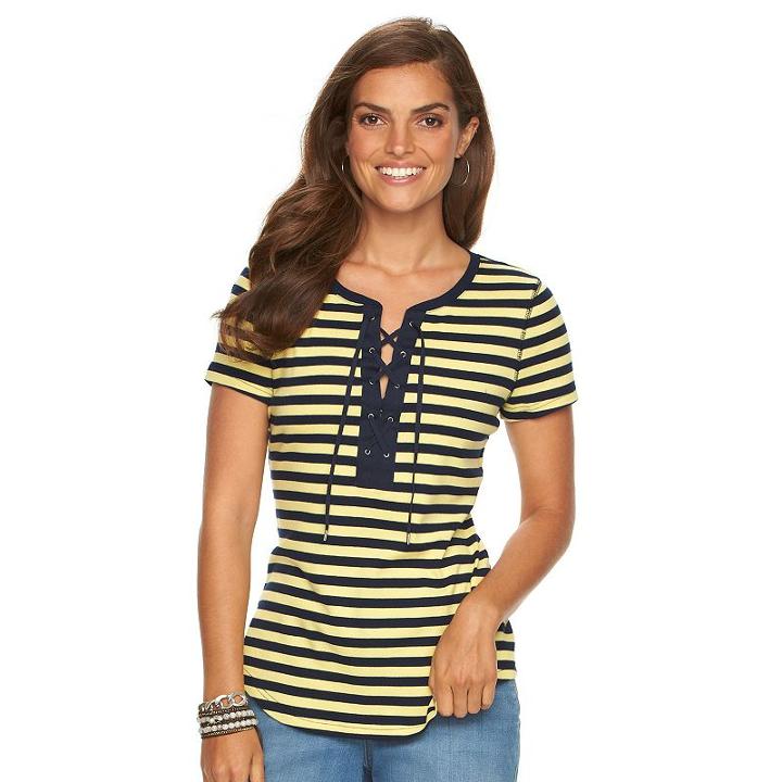 Women's Chaps Lace-up Tee, Size: Medium, Blue (navy)