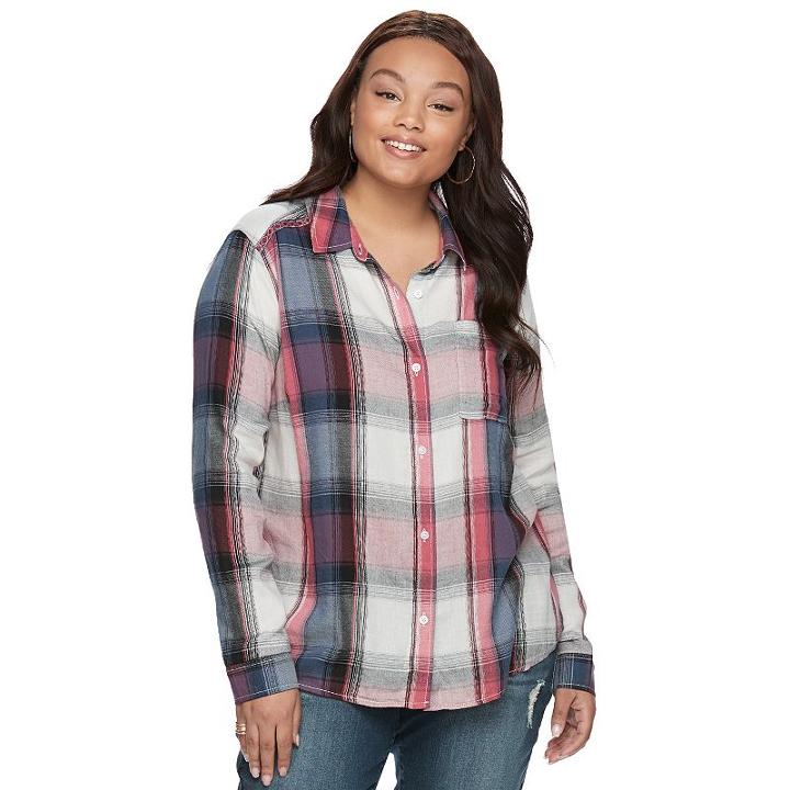 Juniors' Plus Size Mudd® Plaid Flannel Shirt, Teens, Size: 1xl, Med Red