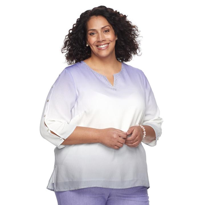 Plus Size Alfred Dunner Studio Slit-sleeve Ombre Top, Women's, Size: 18 W, Lilac White Gray Bands