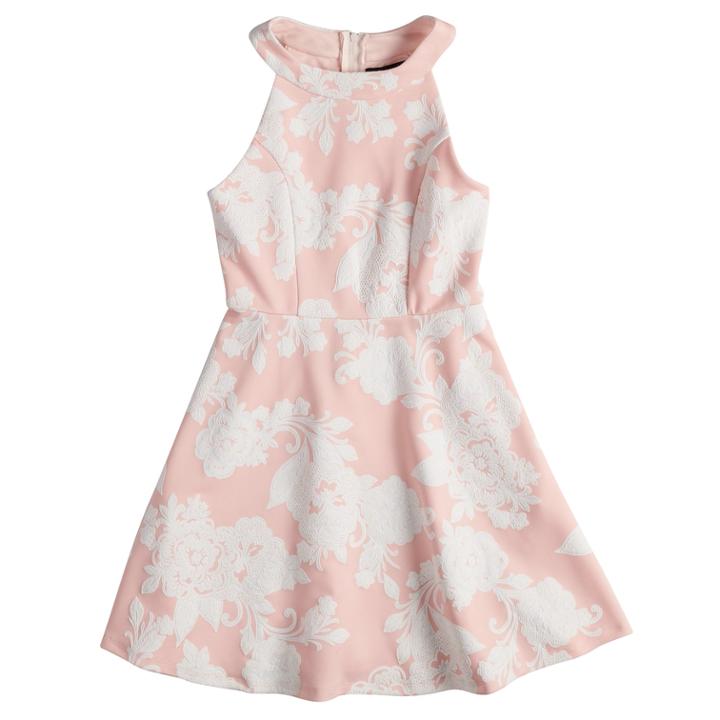 Girls 7-16 Three Pink Hearts Puffy Floral Scuba Dress, Size: 8, Light Pink