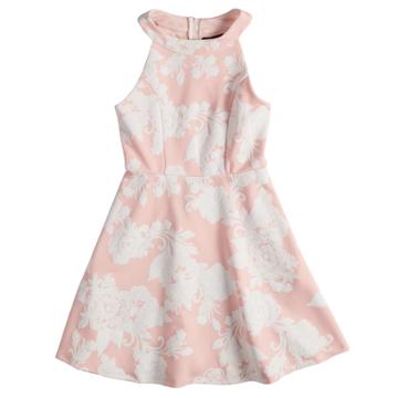 Girls 7-16 Three Pink Hearts Puffy Floral Scuba Dress, Size: 8, Light Pink