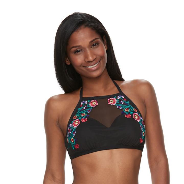 Women's Apt. 9&reg; Embroidered High-neck Bikini Top, Size: Xl, Black