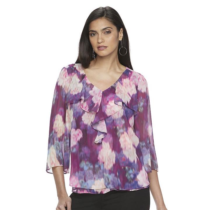 Petite Jennifer Lopez Floral Ruffled Blouse, Women's, Size: M Petite, Purple